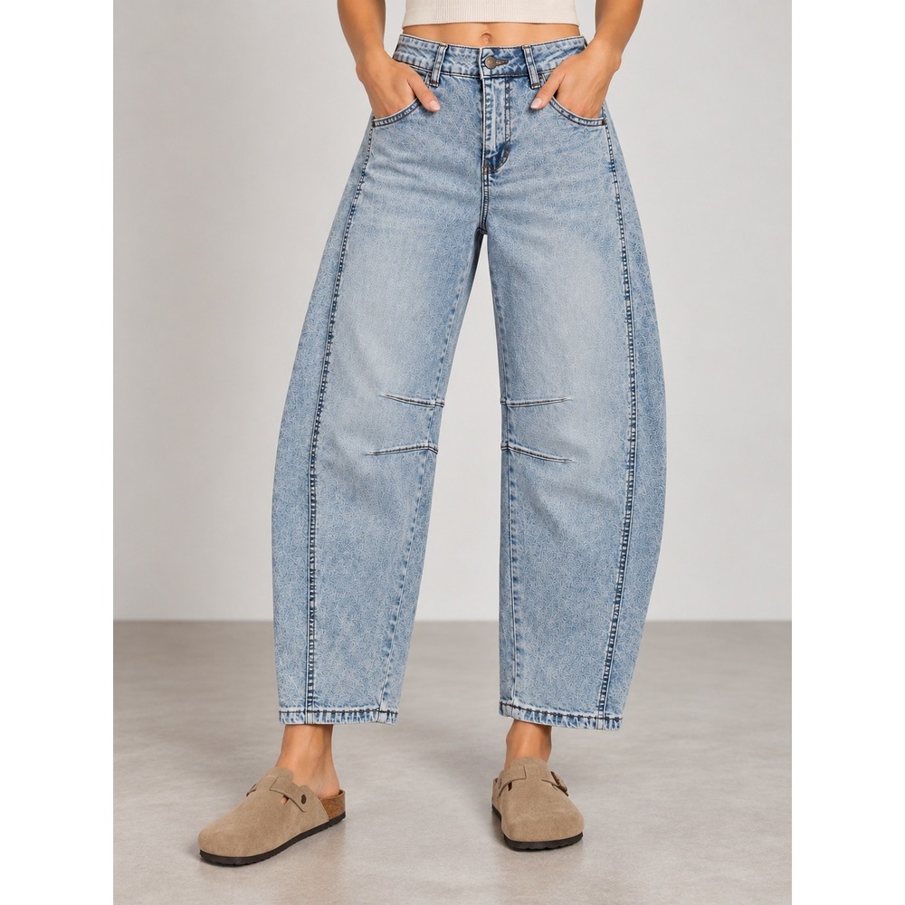 Barrel Jeans Small High Waist Wide Leg Baggy Ankle Stretch Acid Wash Blue